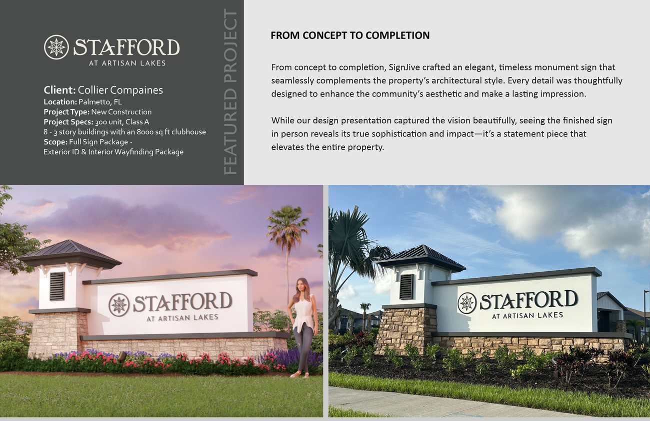 Stafford at Artisan Lakes case study: concept rendering and completed sign