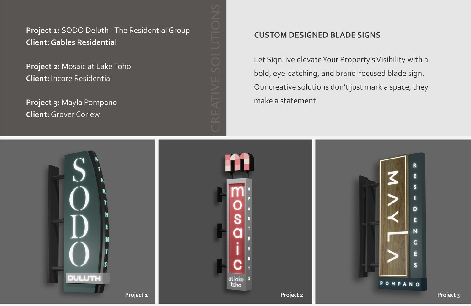 Case study: Custom designed blade signs (SODO Duluth, Mosaic at Lake Toho, Mayla Pompano)