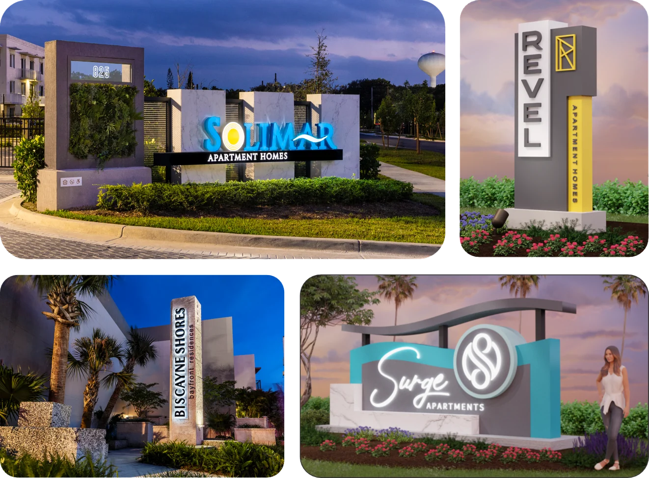 Signage installations at Solimar, Revel, Biscayne Shores, and Surge apartment communities
